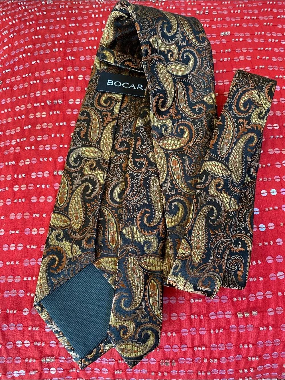 💯 Silk Hand Made Luxurious Black Gold Textured Paisley Tie